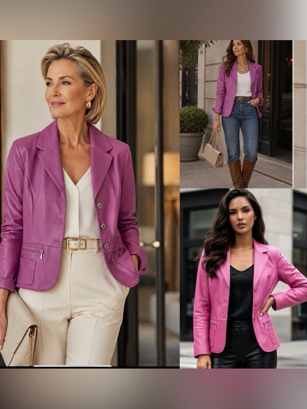 i.e. Petite M Pink/Lilac Leather Blazer Jacket Fitted Zip Pocket Button Front Y2